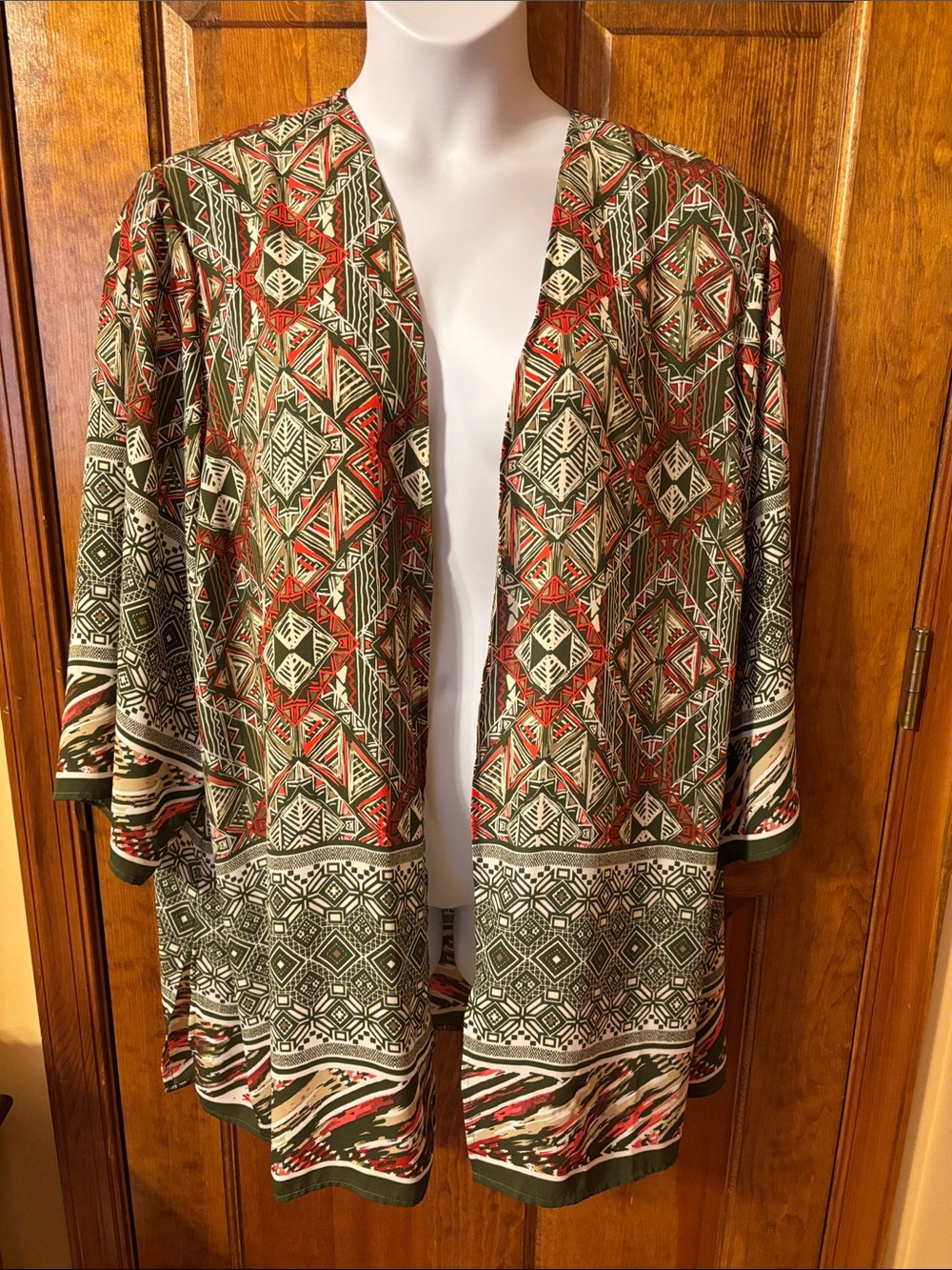 Catherines Olive, Rust & Cream Geometric Open-Front Cardigan